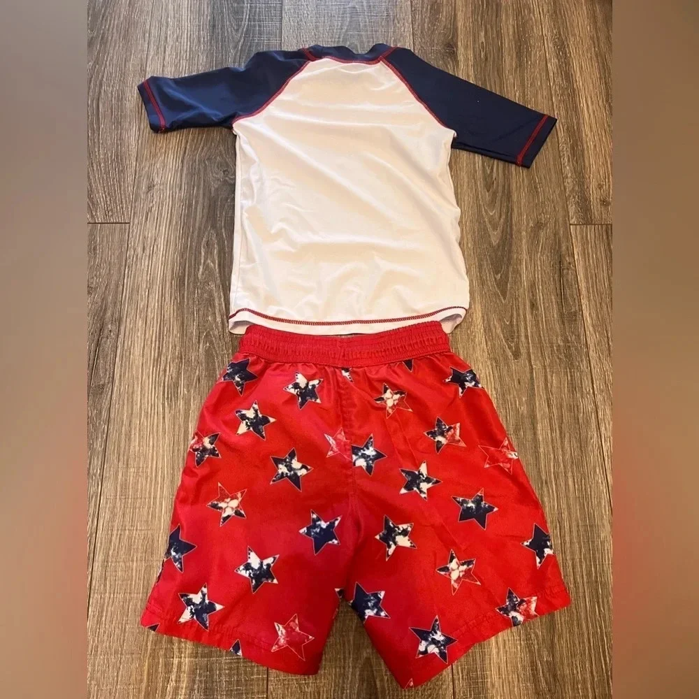 Tommy Bahama Kids Boys 2 Piece Bathing Suit Red White Blue Stars Size 5 - 6